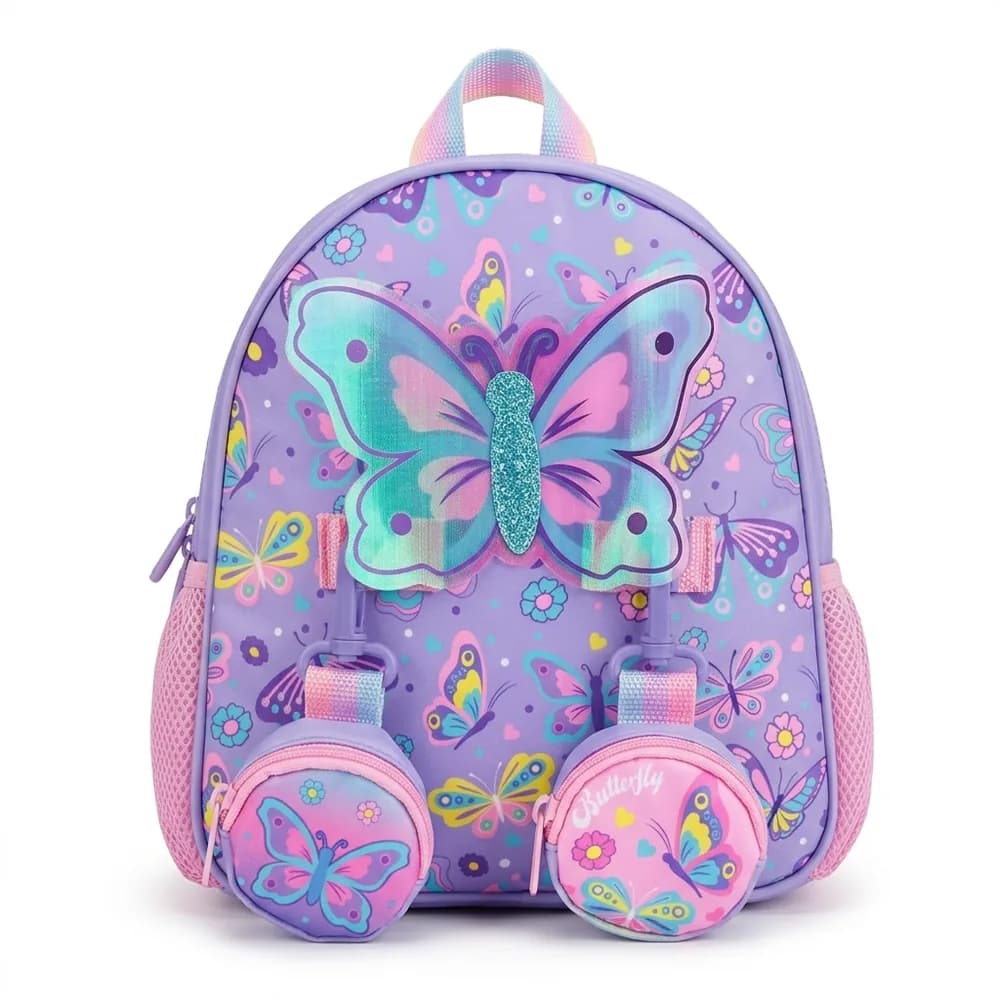 Lilac backpack covered in butterflies, with a big glitter butterfly and two round butterfly coin pouches
