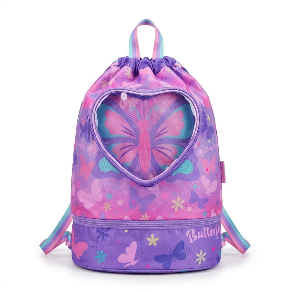 Purple drawstring backpack with a heart-shaped clear window over a butterfly, and a zipped pocket along the bottom