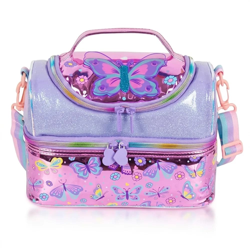 Two-deck lilac glitter lunch bag with a 3D butterfly on the lid and a shiny butterfly-print lower deck