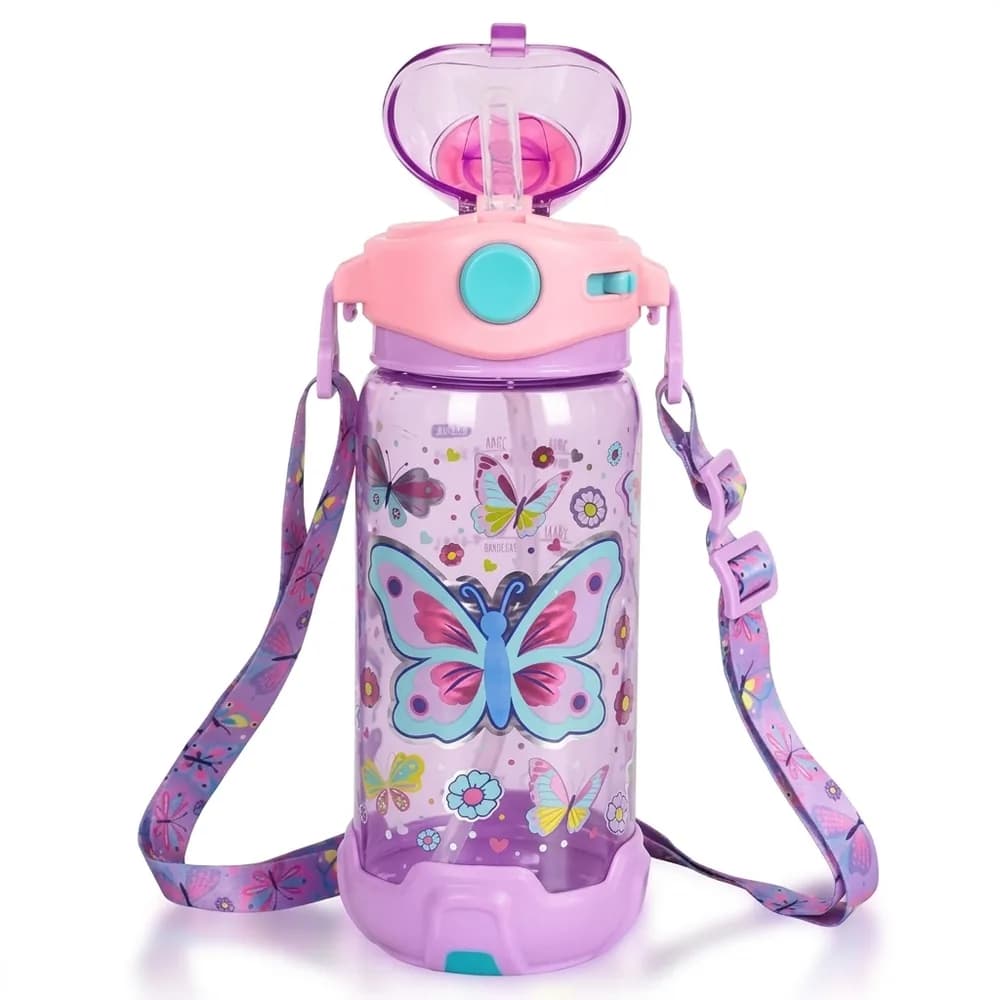 Clear lilac water bottle with butterflies, a pink flip-up straw lid and a purple shoulder strap