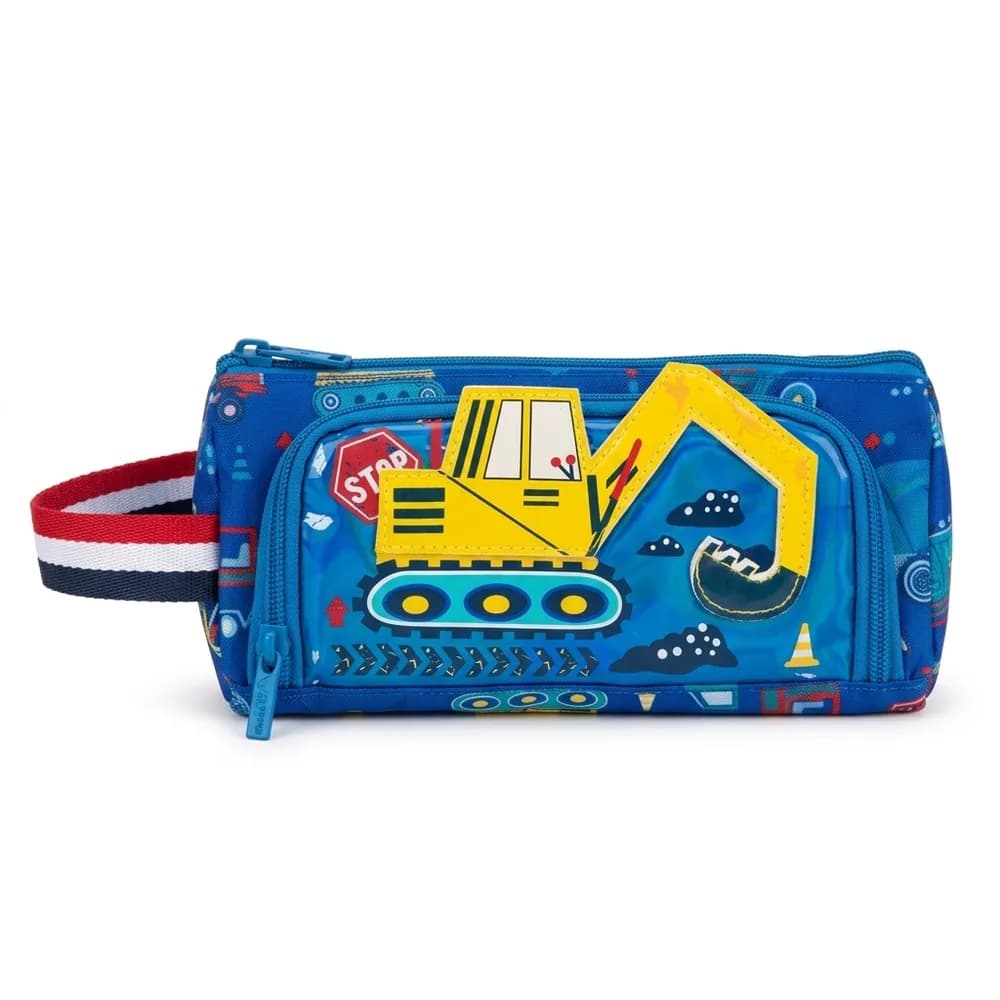 Blue pencil case with a yellow digger on the front pocket and a striped carry handle