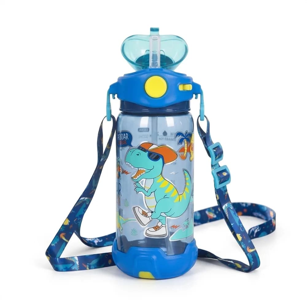 Clear blue water bottle with a T-rex in sunglasses, a flip-up straw lid and a shoulder strap