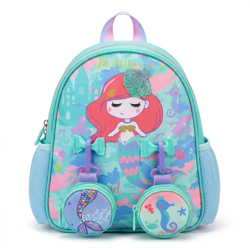 Turquoise backpack with a red-haired mermaid wearing a glitter bow, and mermaid-tail and seahorse coin pouches