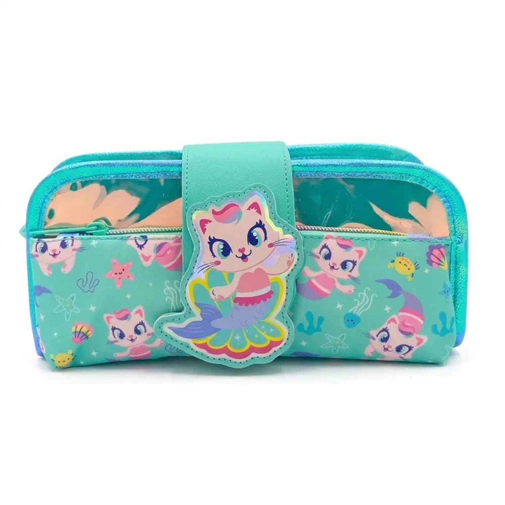Turquoise pencil case with a mermaid kitty patch on the flap and a kitty print all over