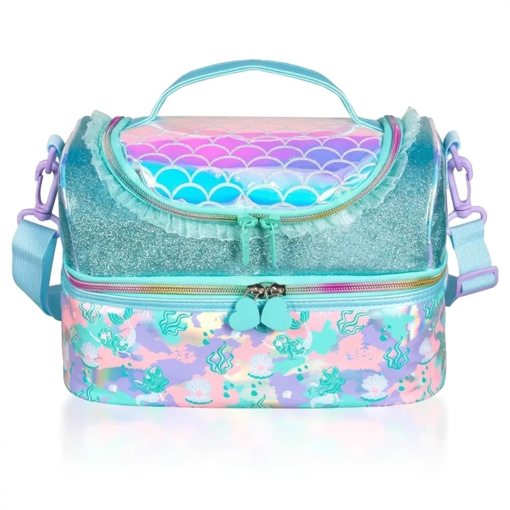 Two-deck mint glitter lunch bag with a shiny mermaid-scale lid, a lace trim and a pastel sea print below