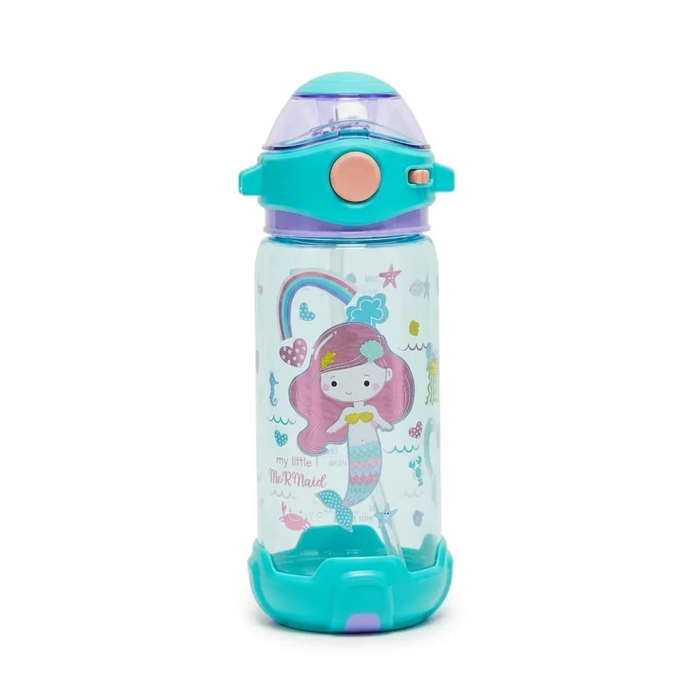 Slim clear water bottle with a pink-haired mermaid, a turquoise flip-up lid and base