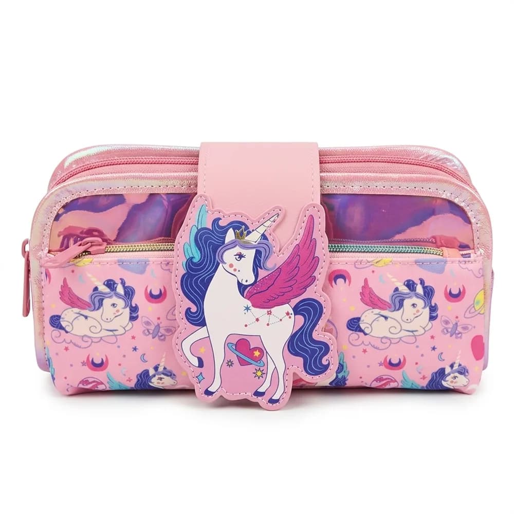 Pink pencil case with a winged white unicorn on the flap and a shiny front pocket