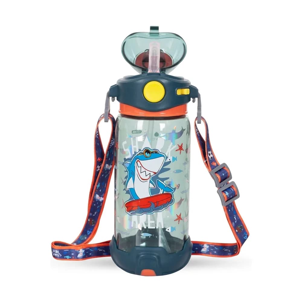 Navy water bottle with a surfing shark, a flip-up straw lid and a shoulder strap