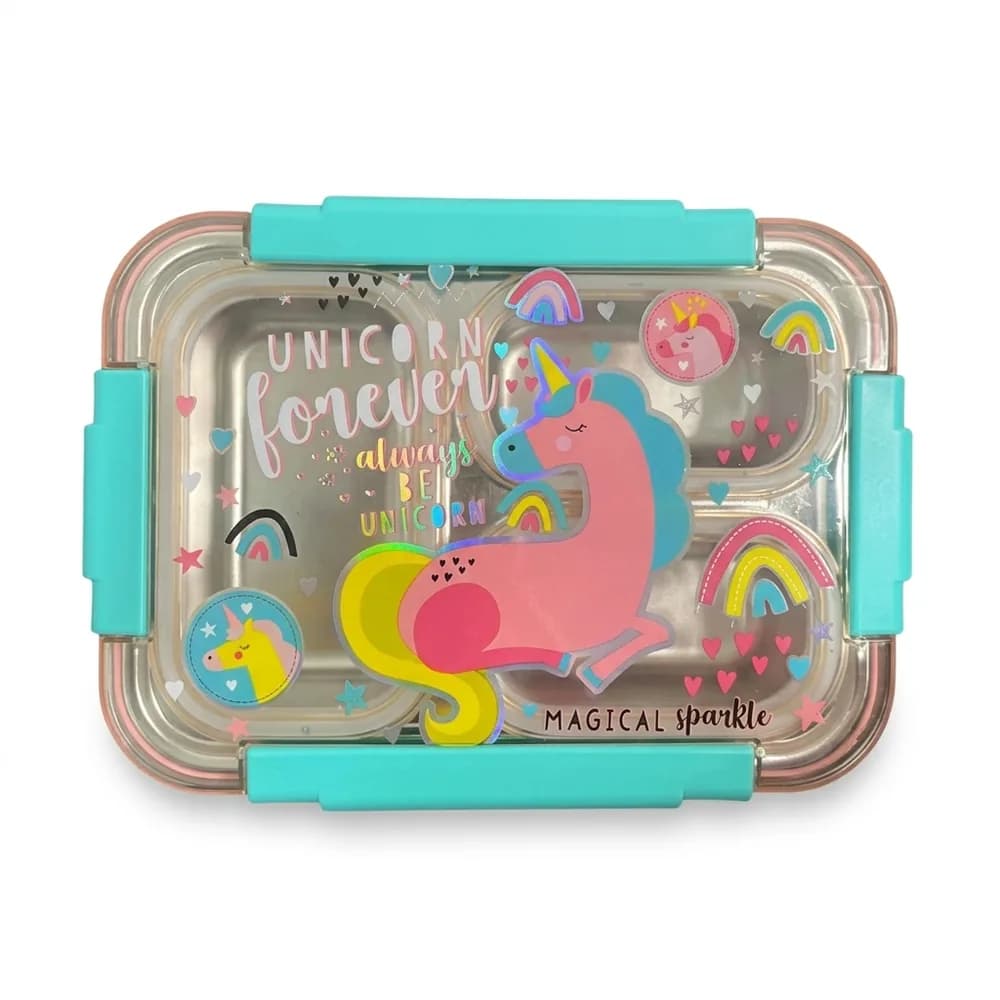 Silver bento lunch box with a pink unicorn and the words Unicorn forever on the lid, with turquoise latches