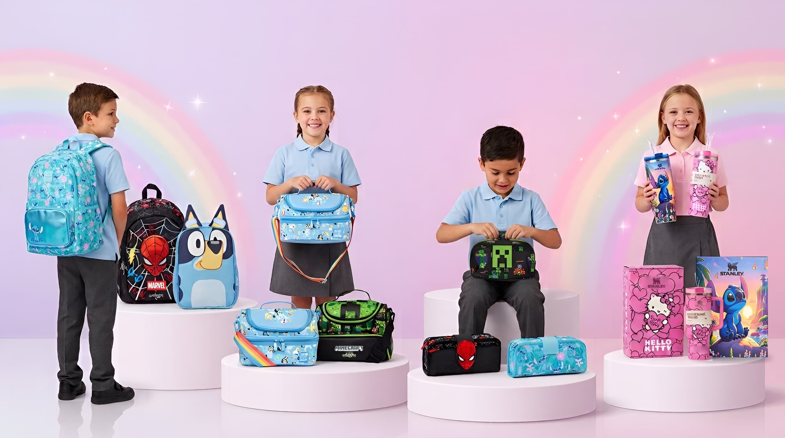 Four kids on pastel stages with a Stitch backpack, a Bluey lunch bag, a Minecraft pencil case and Stitch and Hello Kitty Stanley tumblers