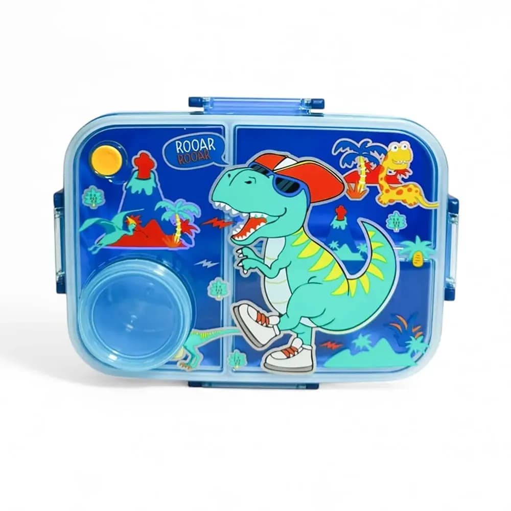Blue bento lunch box with a T-rex in sunglasses and a cap on the lid, and a round snack pot