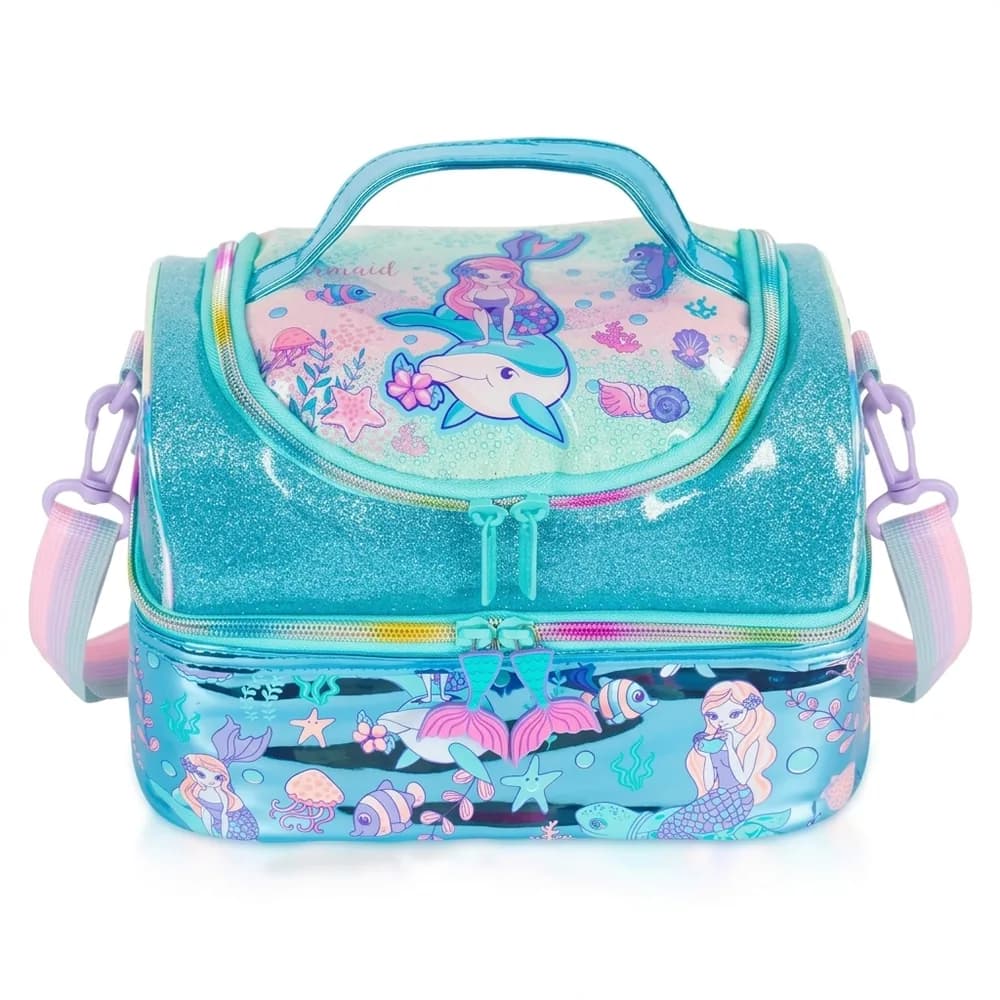 Two-deck turquoise glitter lunch bag with a mermaid and a dolphin on the lid and an under-the-sea print below