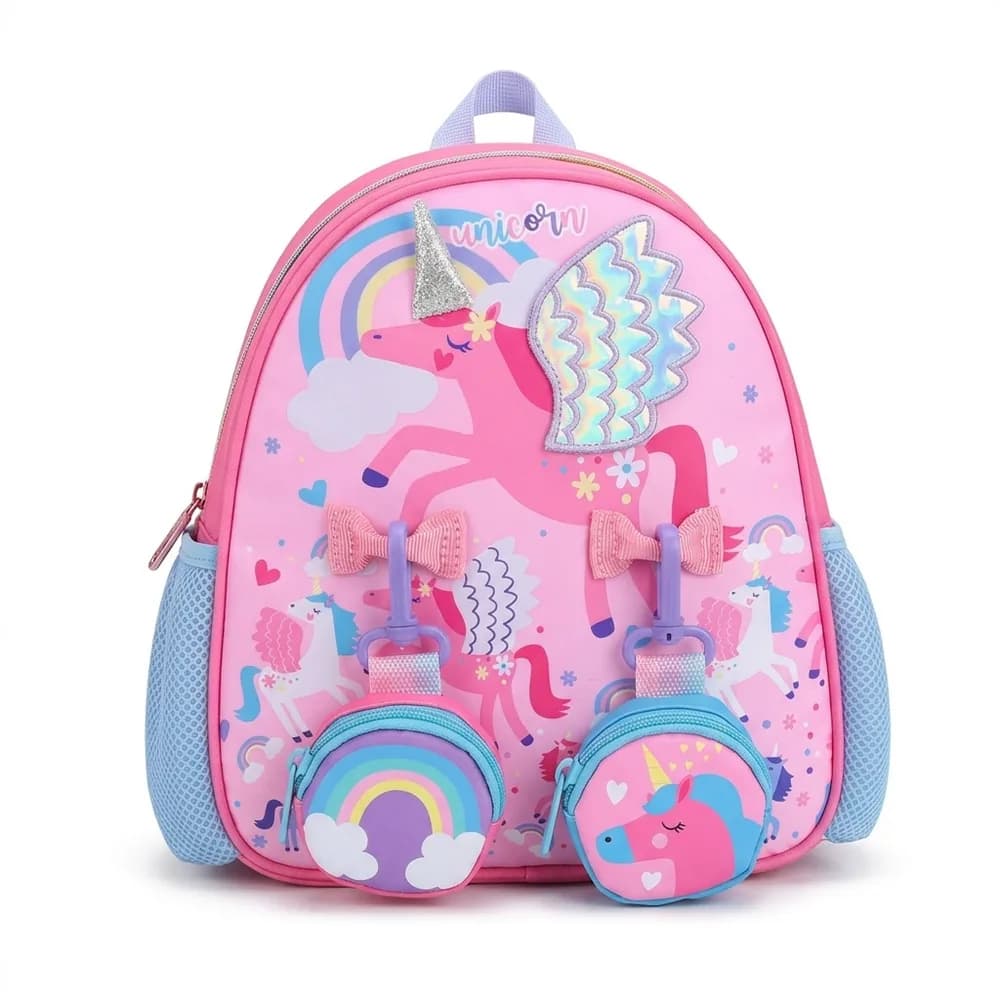 Pink backpack with a winged unicorn, rainbows and two round coin pouches clipped to the front