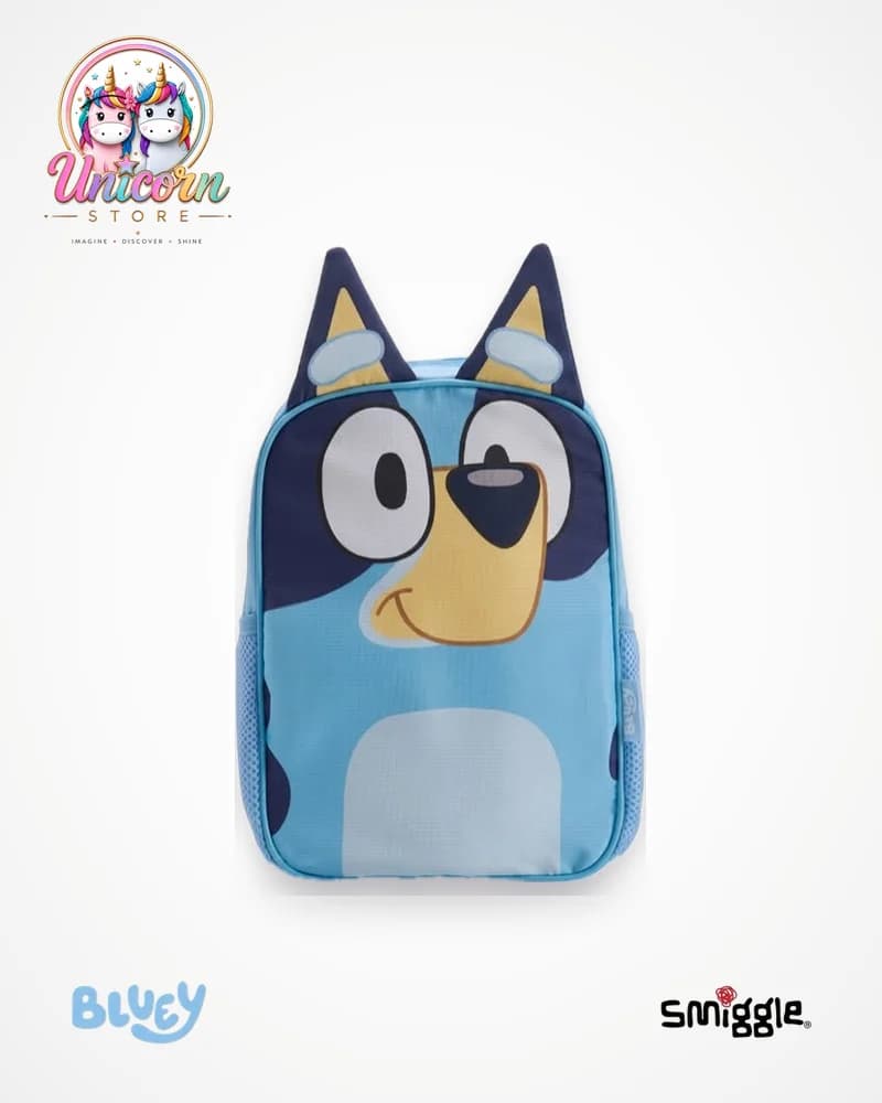 Blue Bluey backpack by Smiggle shaped like Bluey's face