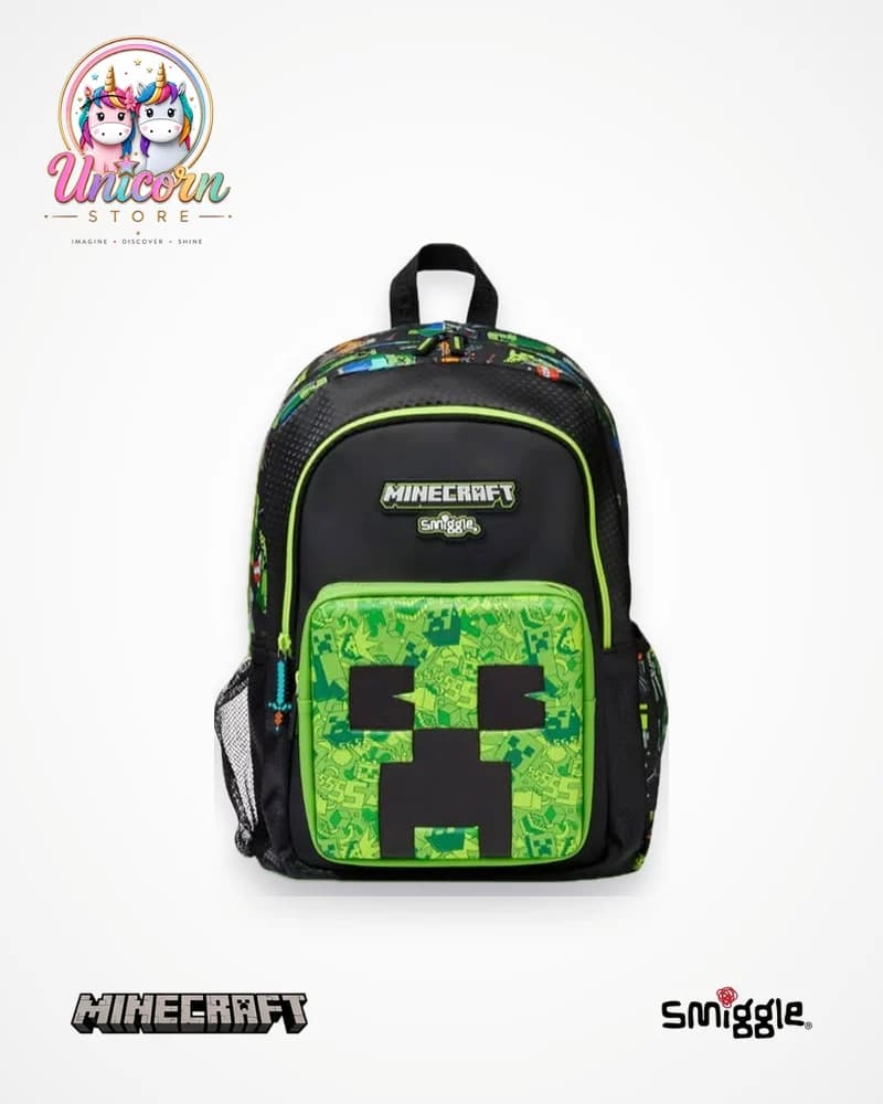 Black Minecraft backpack by Smiggle with a green Creeper face