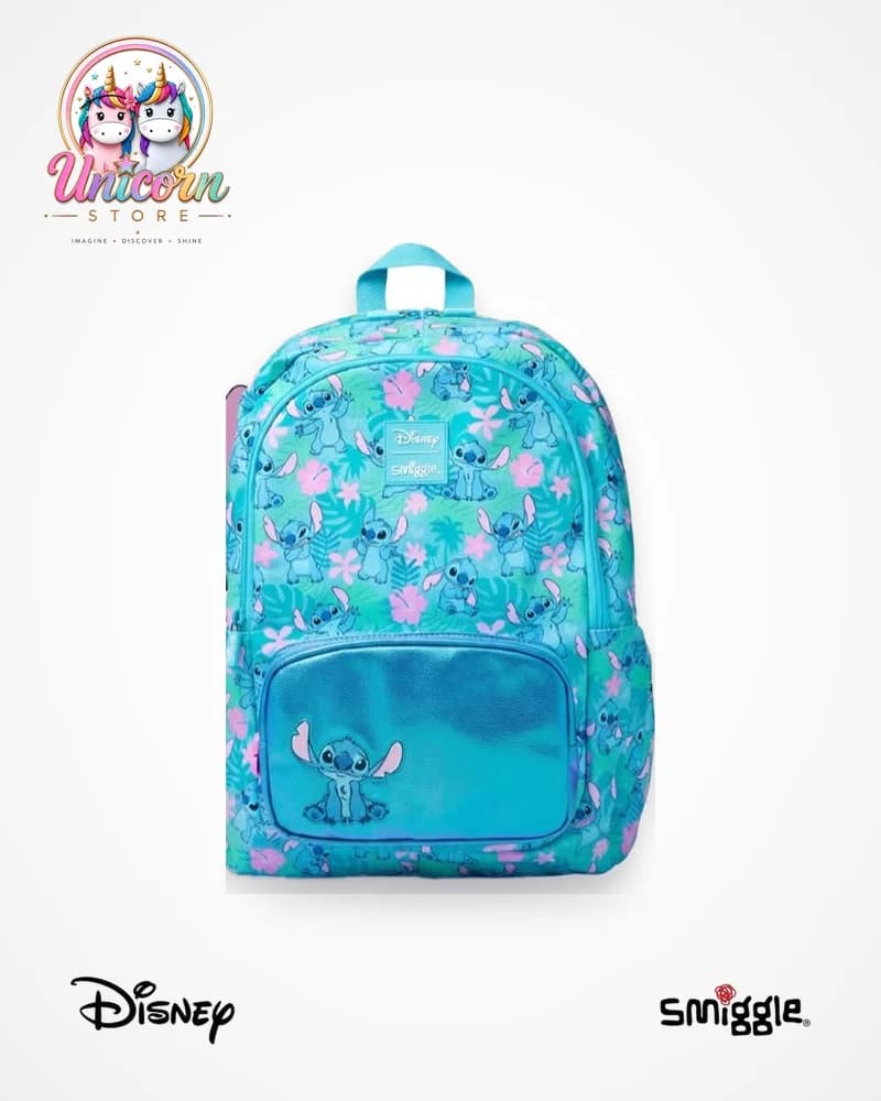 Turquoise Disney Stitch backpack by Smiggle with a shiny front pocket